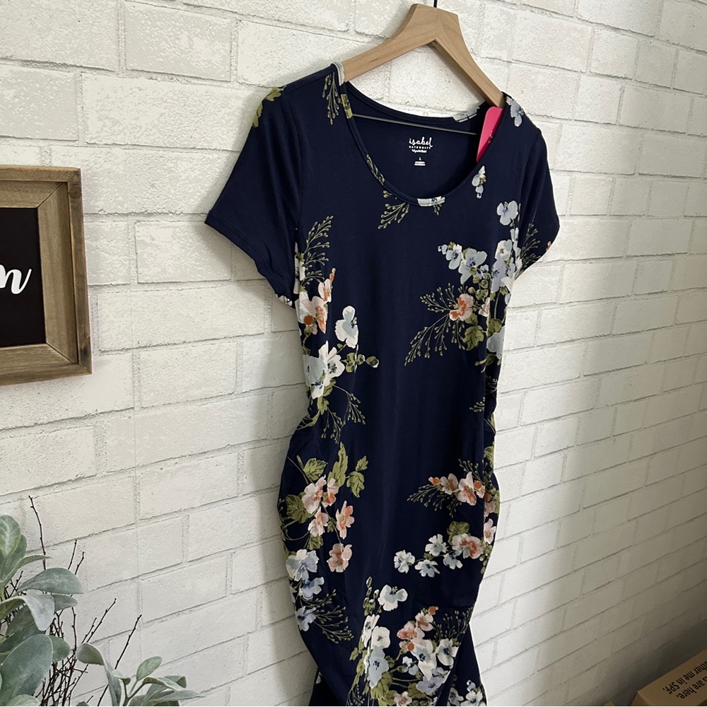 ISABEL Maternity by Ingrid & Isabel Navy Flowered Scoop Neck Short Sleeve Dress - Picture 3 of 13